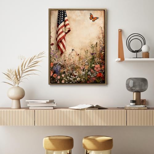 American Flag Framed Canvas Wall Art, 4th of July Patriotic Canvas Prints | Wildflower Field with Butterfly Poster Print, Rustic Farmhouse Independence Day Wall Decor for Bedroom Living Room 24×32in