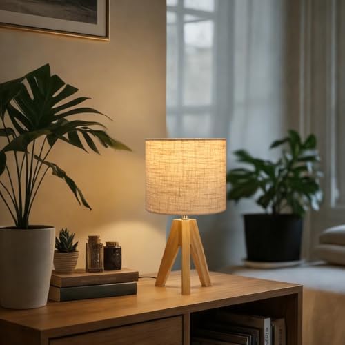 Tripod Table Lamp, Small Bedside Night Stand Lamp with 3 Colors, Decorative Lamp for Bedroom, Nursery, Living Room (Bulb Included) (Natural Wood)