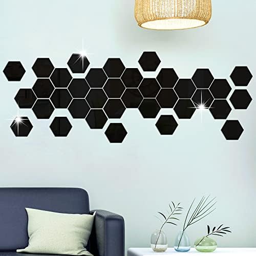 RW-103 36 PCS Acrylic Mirror Wall Stickers Hexagon Mirror Wall Decals DIY Removable 3D Geometric Hexagon Mirror Art Setting Wall Decor for Bedroom Living Room Office Kitchen Home Decoration (Black)