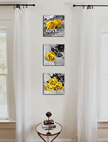 Yellow Rose Wall Art Kitchen Decor Black and White Flowers Canvas Prints Picture Romantic Floral Love Bathroom Photo Paintings Modern Aesthetic Flower Artwork for Bedroom Home Decorations 14x14”3Pcs