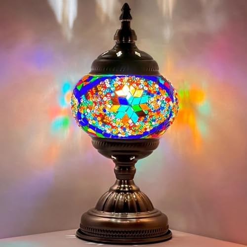 SILVERFEVER Handcrafted Mosaic Turkish Lamp Moroccan Glass Table Desk Bedside Light Bronze Base with E12 Bulb (Bright Starburts)