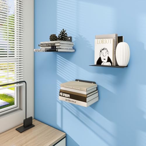 FENTEC 6 Pack Black Invisible Floating Bookshelves for Wall Mounted