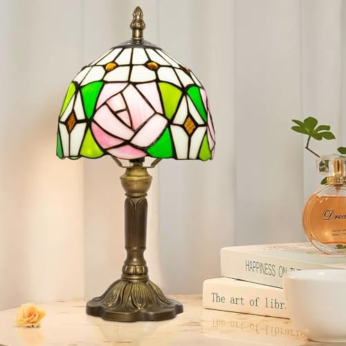 Small Tiffany Table Lamp, 3 Color Temperature, 8 Inch Antique Stained Glass Lamp for Bedroom Living Room Home, Handcrafted Light, Included Bulb (D Rose)