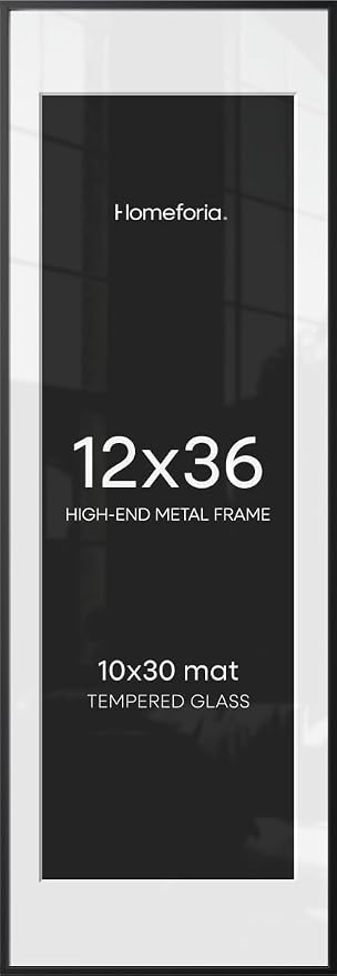 Homeforia 12x36 Black Picture Frame, High-End Metal, 10x30 Mat, Glass