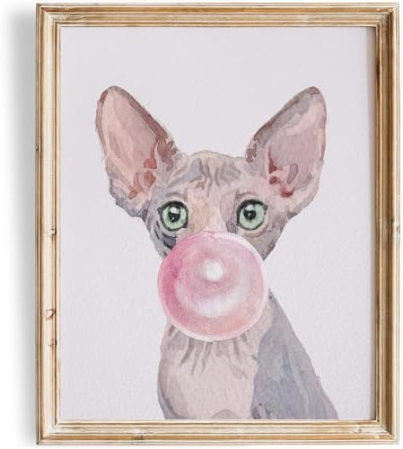 DREAM BIG PRINTABLES Cat Blowing Bubble Gum | Sphynx Art Print - 11x14 (Unframed) | Adorable Feline Decor for Cat Lovers