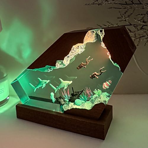 Handmade Hammerhead Shark Resin Ocean Lamp with Wooden Base