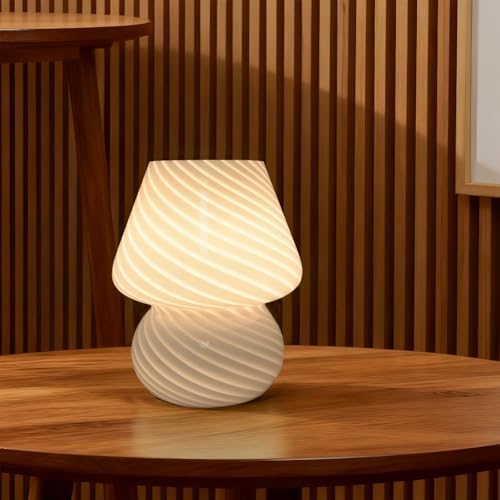 jonong Bedside Lamp Glass Striped Mushroom Table Lamp with 3 Color Modes LED Small Decorative Table Lamp for Gift Present,Suit for Bedroom, Living Room, Home Decor, Baby, Kids, Women (White)