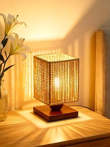 Handmade Small Rattan Lamp for Bedroom,Boho LED Table Lamp for Living Room