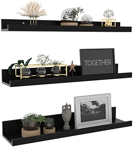 Giftgarden 24 Inch Black Floating Shelves Wall Mounted Woodgrain Picture Ledge Shelf for Storage Bedroom Bathroom Kitchen Living Room Office, Set of 3 Different Sizes
