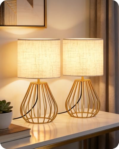 Gold Table Lamps Set of 2, Small Bedside Lamps Set of 2, 2700K LED Bulb Included, Gold Metal Base & Beige Linen Lampshade, Modern Nightstand Lamps for Bedroom, Living Room DE06TLP205