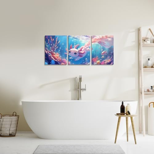 Feelyou Cute Axolotl Wall Decor for Kids Bedroom Wall Art Ocean Sealife Wall Painting Wall Artworks Hang Pictures for Office Decor Cartoon Axolotl Bathroom Home Decor Posters 12x16 inch 3 Piece