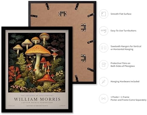 Poster Master Mushrooms Print - William Morris Poster - Flower Art - Botanical Exhibition Wall Design - Farmhouse Illustration - Aesthetic Piece - Office, Living Room or Bedroom Wall Decor - 8x10 Black Framed