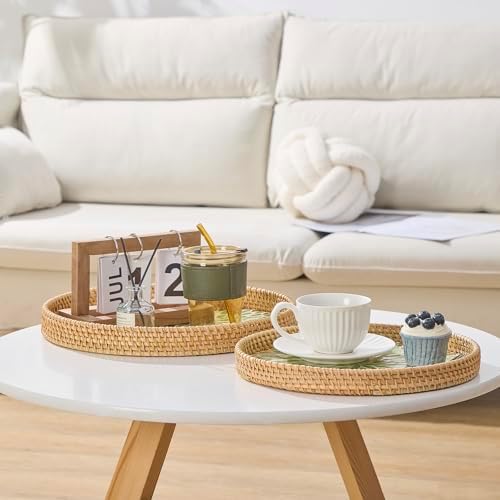 Round Rattan Tray with Mother of Pearl Inlay, Rattan Serving Tray with Wooden Base, Decorative Wicker Basket for Table Decor, Storage and Display of Coffee Bread Food Fruit (Leaf 13.5")