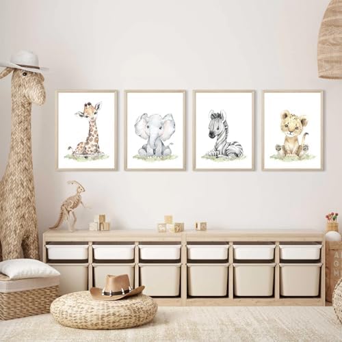 Safari Nursery Wall Art Decor Baby Animal Canvas Wall Art Woodland Nursery Wall Decor Kids Jungle Animal Pictures Safari Giraffe Elephant Tiger Prints for Room Bedroom Set of 4 12x16 Inch Wood Framed