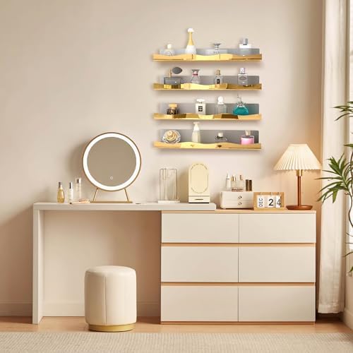 YMVV 15.7 in Large Golden Reflective Acrylic Mounted Floating Shelf, Perfume Organizer Shelf, Modern Bathroom Storage Toy Display Organizer Decor 4 Pack