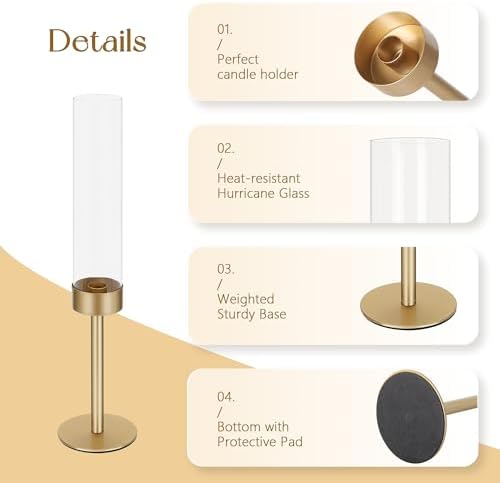 Ronasip Hurricane Candle Holders Set of 3, Matte Gold Metal Taper Candlestick Holders with Clear Glass Chimney Cylinder Tubes, Tall Candle Stands for Wedding, Christmas, Dining Table Centerpiece Decor