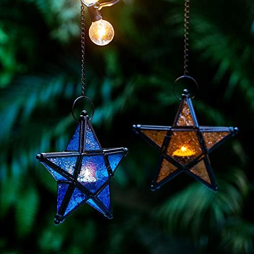 Stunning Star Glass Votive Tea Light Candle Holder Hanging Lighting Lantern Wedding Birthday Party Home Garden Decoration (Blue)