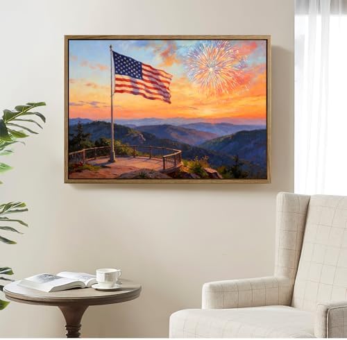 American Flag Framed Canvas Wall Art, 4th of July Patriotic Canvas Prints | USA Flag with Ocean Sunset Landscape Poster Print, Independence Day Wall Decor for Bedroom Living Room 24×36in