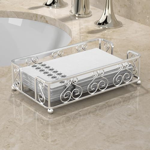 Guest Towel Holder Tray for Bathroom Countertop, Silver Napkin