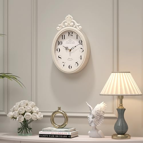 Abdurey Small French Retro Decor Wall Clock, Ivory White Vintage Oval Style