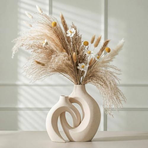 Aesthetic Cream White Ceramic Vase Set of 2, Snuggle Hollow Flower Vase Home Decor Living Room, Nordic Modern Boho ins Style Decorative Flower Vase for Coffee/Dining Table Decor (W 6.3" X H 8.4")
