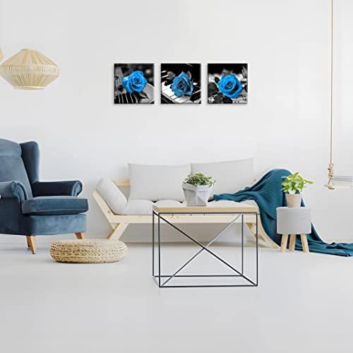 NAN Wind Blue Wall Decor for Living Room Blue Bathroom Accessories Black and White Canvas Wall Art Blue Rose Music Pictures Bedroom Decor Modern Painting Kitchen Home Decorations 20x20 3 Pcs/Set