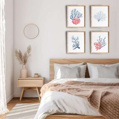 Beach Decor Art Prints (Set of 4) - Unframed - 11x14s | Serene and Inviting Coral-Themed Wall Art Prints | Perfect for Nautical and Ocean-Inspired Home Decor | Bathroom Wall | Apartment Decor