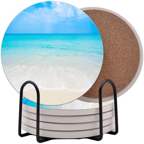Ocean Coastal Theme Round Coasters Set of 6 - Abosrbent Ceramic Coasters with Metal Stand for Drinks, Beer, Coffee, Non-Slip Cork Back for Tabletop Protection, 4 Inches (Ocean)