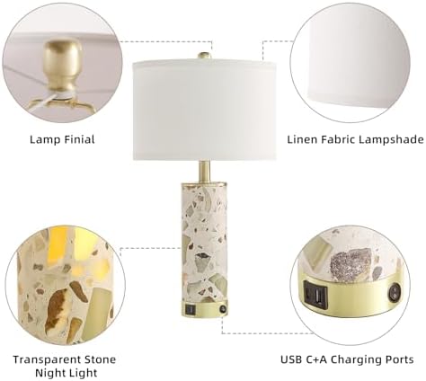 22.4” Set of 2 Modern Table Lamps for Living Room with USB C+A