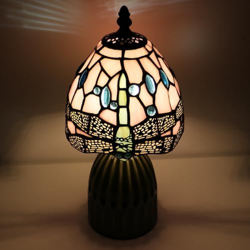 Tiffany Stained Glass Mushroom Table Lamp 12.5 Inch -Pink Dragonfly