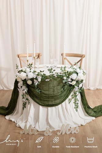 Ling's Moment Moss Green Gauze Cheesecloth Table Runner, 14FT (168 Inch)