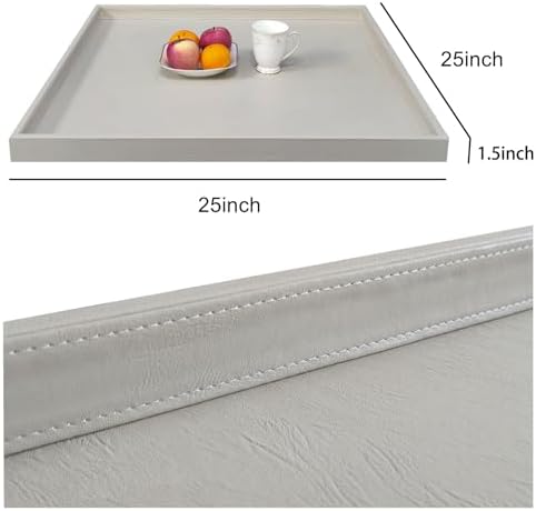 25 x 25 inches Luxury Leather Square Oversized Service Tray, Ottoman & Coffee Tray for Family Dinner, Out-of-House Picnic & Party (25 inch Beige)