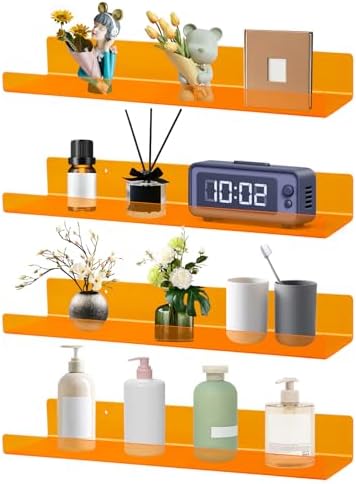 Dezzer 4 Pack Acrylic Shelves for Wall, 15" Acrylic Floating Shelves for Bathroom Bedroom, Invisible Bookshelf Wall Ledge Storage Shelf Books Perfume Toys Action Figure Display Shelves, Clear Orange