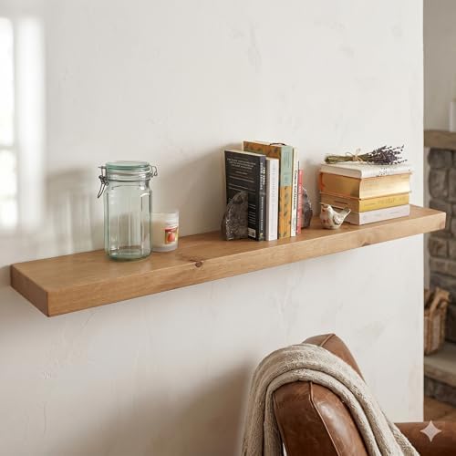 joelsantiques 54 inch Wooden Floating Shelves for Wall - 54x6x2 in, High End Solid Natural Wood, Heavy Duty Bracket, Wall Mounted for Bathroom, Living Room, Bedroom, Office Floating Storage - Beige