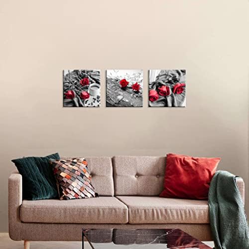 NAN Wind Canvas Print 3 Pcs Black and White Red Rose Canvas Art Painting Abstract Wall Art Decorations Flower Picture on Canvas for Home Decor Stretched and Framed (14X14inchX3pcs, B&w Rose)