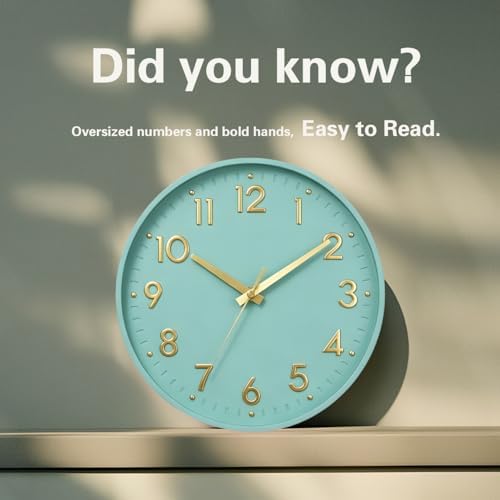 Mosewa Small 8 Inch Wall Clock Battery Operated Silent Non Ticking Analog | Mint Green modern clock; oversized 3D easy-read dial for kitchen, bedroom & office; 1 AA battery (not included)