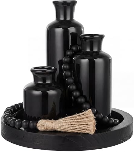5 Pcs Coffee Table Decor Set, Black, Black Tray