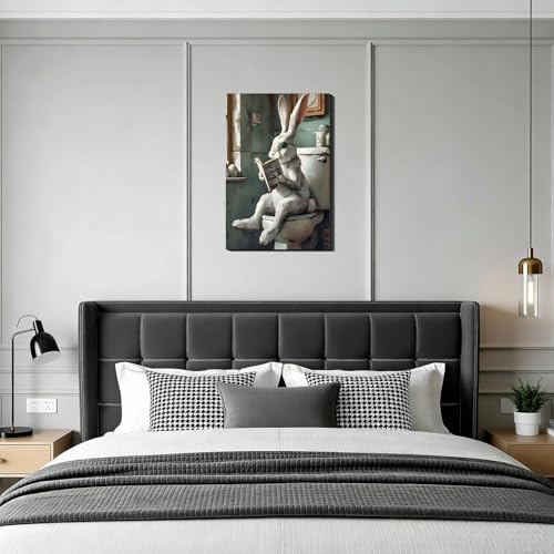 Large Whimsical Easter Bunny Reading on Toilet Canvas Art, Framed Rabbit Wall Decor for Bathroom, Retro Easter Paintings Prints Pictures for Home Wall Decoration, 20x30 In