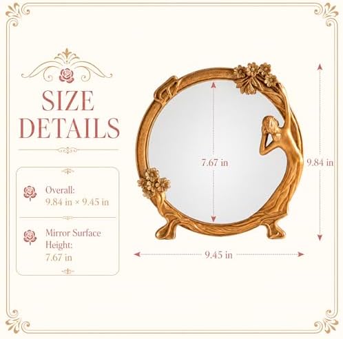 Vintage Gold Mirror Desk Decor -Antique Small Vanity Table Decorative, Oval | Art Nouveau with Stand, Cute Princess Frame, for Tabletop Office Bedroom Furniture Room Bathroom Home Wall Accessories