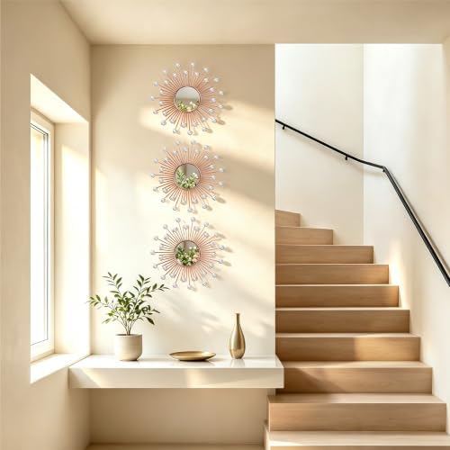 3 Pack Metal Mirrors for Wall Sunburst Wall Mirrors Home Décor Decorative Hanging Wall Art for Living Room Bedroom Entryway (Rose Gold2 Crystal, Sunburst)