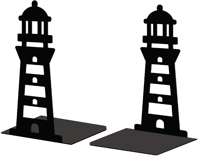Peacoblue 5.3"x4.3"x7.9" Metal Bookends, Heavy Duty Book Ends for Shelves | Lighthouse Theme Cast Iron Book Supports, 1 Pair Decor Stoppers for Desk, Library, Office & Home Shelves