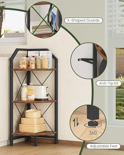 CHOEZON 3-Tier Corner Shelf, Industrial Corner Bookshelf, 35.4" Storage Stand, Plant Stand Display Shelf, Bookcase for Bedroom, Living Room, Home Office, Rustic Brown and Black TCJ03BF