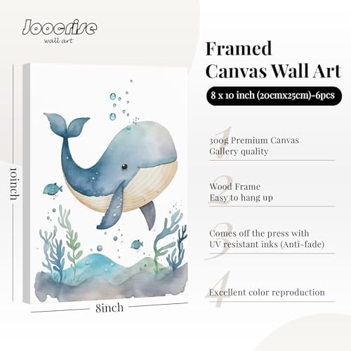Nursery Sea Animal Wall Decor Set of 6 Ocean Watercolor Canvas Wall Art Baby Boys Room Wall Art Ocean Sea Animal Pictures Kids Girl Art Prints Nursery Artwork for Bedroom 8x10 Inch Framed