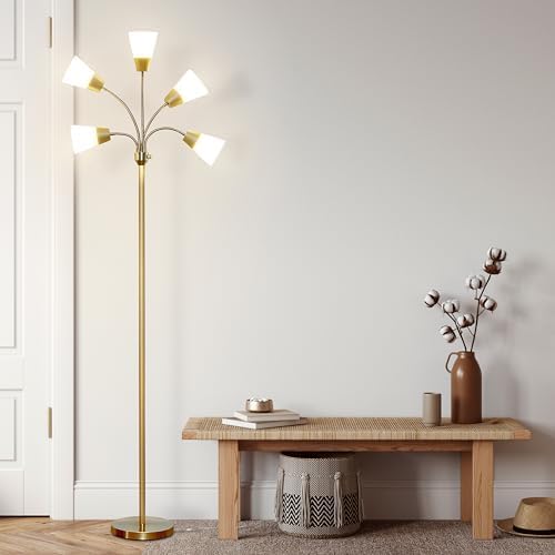 Brightech Medusa Modern LED Floor Lamp – Multi Head Floor Lamp for Living Rooms & Offices – Tall Lamp with Interchangeable Shade, Standing Lamp with 5 LED Bulbs for Hobbies - Brass