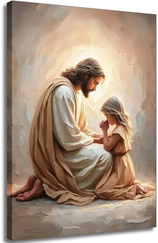 Jesus Wall Art with Girl Praying, Christian Canvas Print, Framed, 12x16 in | Faith-filled imagery brings comfort and hope to bedrooms, prayer rooms, churches, nurseries, or quiet reflection spaces.