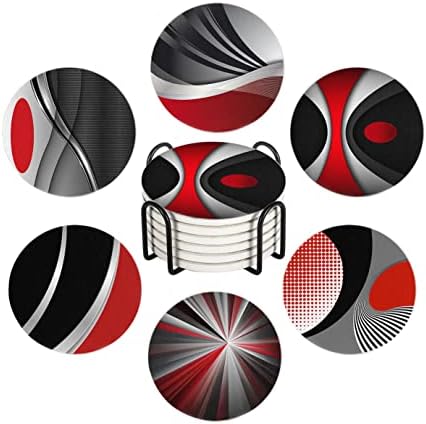 HUXJOKO Coasters for Drinks Set of 6,Modern Red Black Geometric Absorbent Ceramic Coaster,Round Stone Mat,with Cork Base and Metal Holder for Coffee Table Room Bar Home Decor Housewarming Gifts