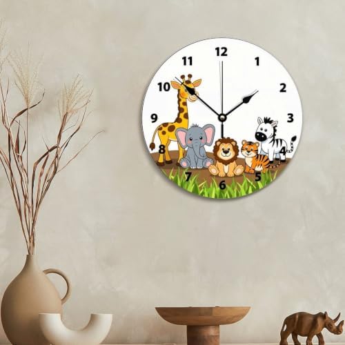 Cute Jungle Baby Animal Wall Clock for Kids Funny Nursery Wood Clock