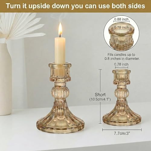 Amber Crystal Glass Candlestick Holders Set of 6, Vintage Taper Candle Holders for Dining Table, Wedding Centerpieces, Romantic, Thanksgiving Christmas Party Home Decor