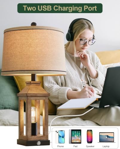G-SAFAVA 23.75" Farmhouse Table Lamps USB A+C Charging Ports 3-Way Dimmable
