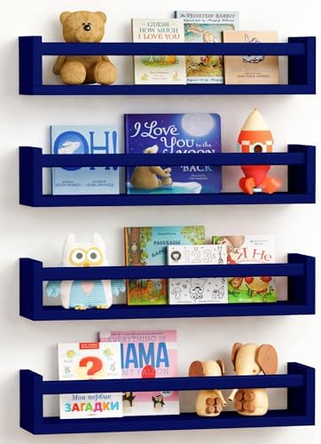 Forbena Navy Blue Floating Nursery Book Shelves for Kids Room Wall, Decorative Wall Bookshelf for Baby Boy Bedroom, Small Wood Hanging Bookshelves Wall Mounted for Little Boys Room Bathroom (Set of 4)